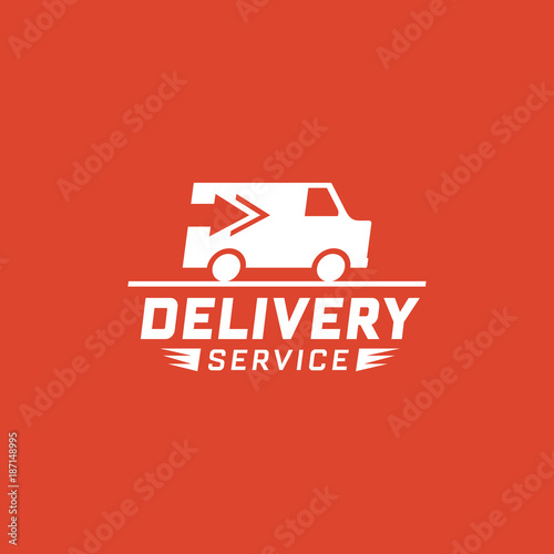 Delivery service with truck van on red background. Delivery label for online shopping. Worldwide shipping. Vector illustration