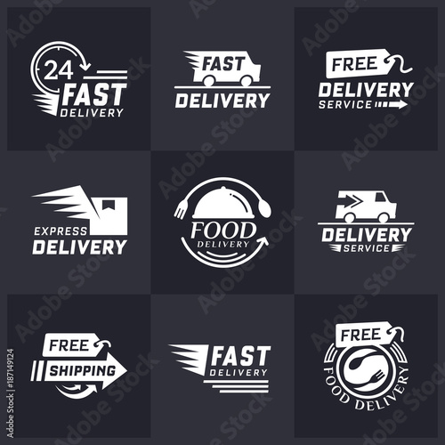 Set of delivery labels for online shopping. Worldwide shipping. Signs and labels free delivery. Fast delivery logotype in white color. Delivery service icons. Food delivery design