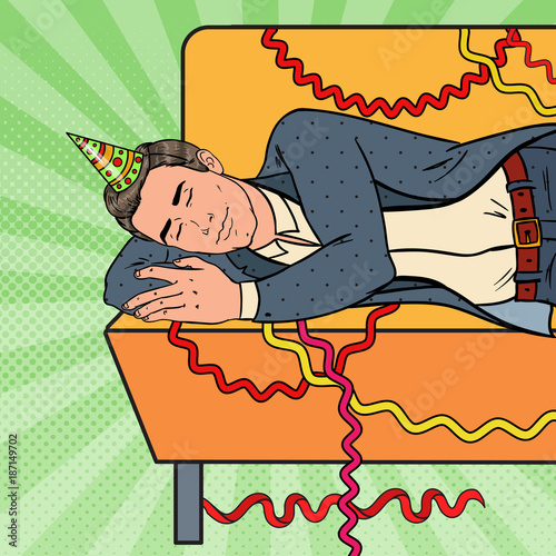 Pop Art Man Sleeping on the Sofa after Corporate Office Party. New Year Celebration, Birthday. Vector illustration