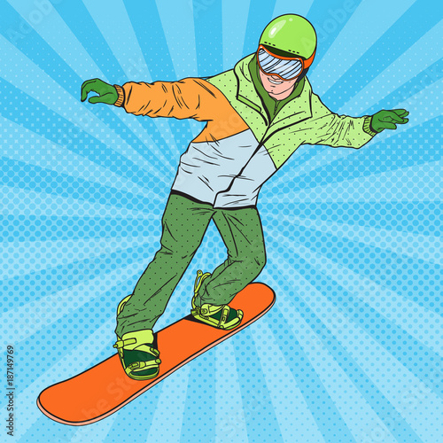 Pop Art Man in Sportswear with Snowboard. Snowboarder Doing Trick. Vector illustration