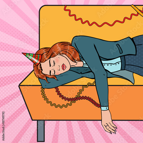 Pop Art Exhausted Woman Sleeping on Sofa after Night Office Party. New Year Celebration, Birthday. Vector illustration