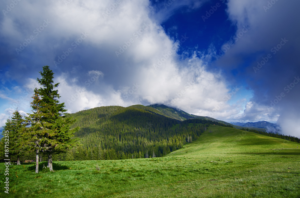 Carpathian mountains summer landscape with blue sky and clouds
