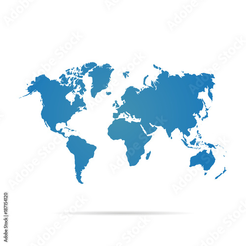 World map with shadow, blue colored on white background