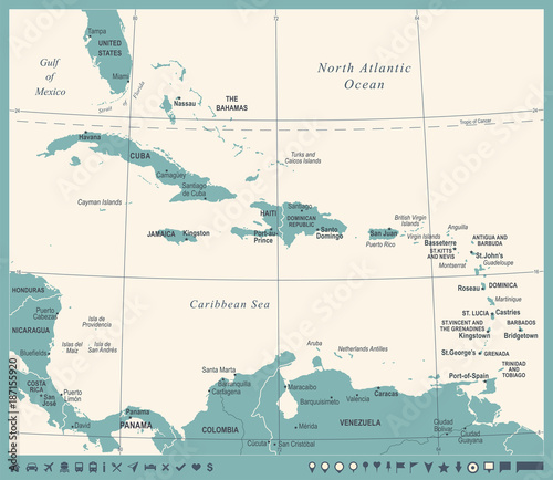 Photography The Caribbean Map - Vintage Vector Illustration