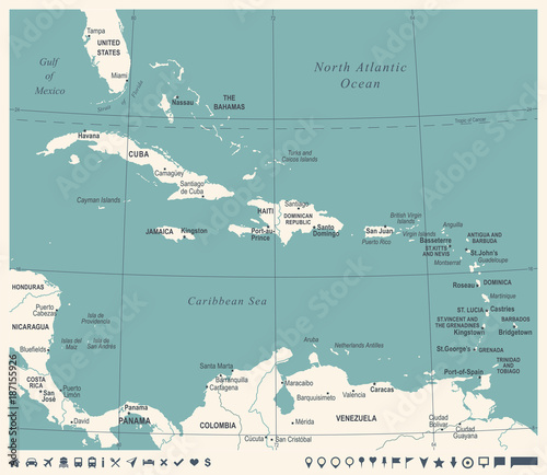 The Caribbean Map - Vintage Vector Illustration