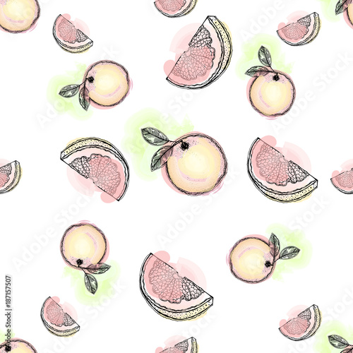 Seamless pattern of hand drawn sketch style oranges - whole with leaf and slice. Isolated vector illustration.