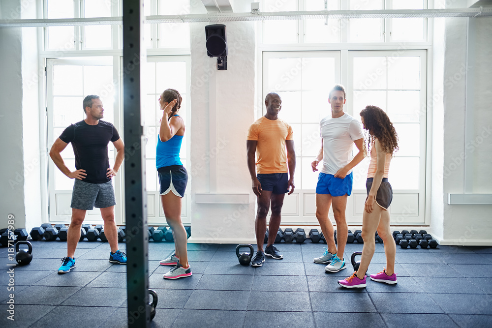 Diverse group of people talking together after a gym workout - obrazy, fototapety, plakaty 