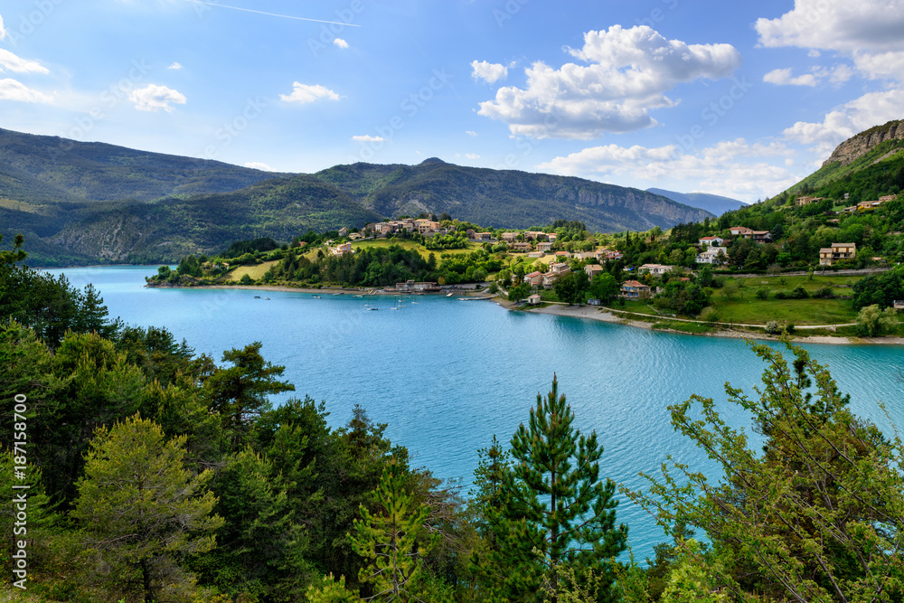 Beautiful small French town on a blue lake