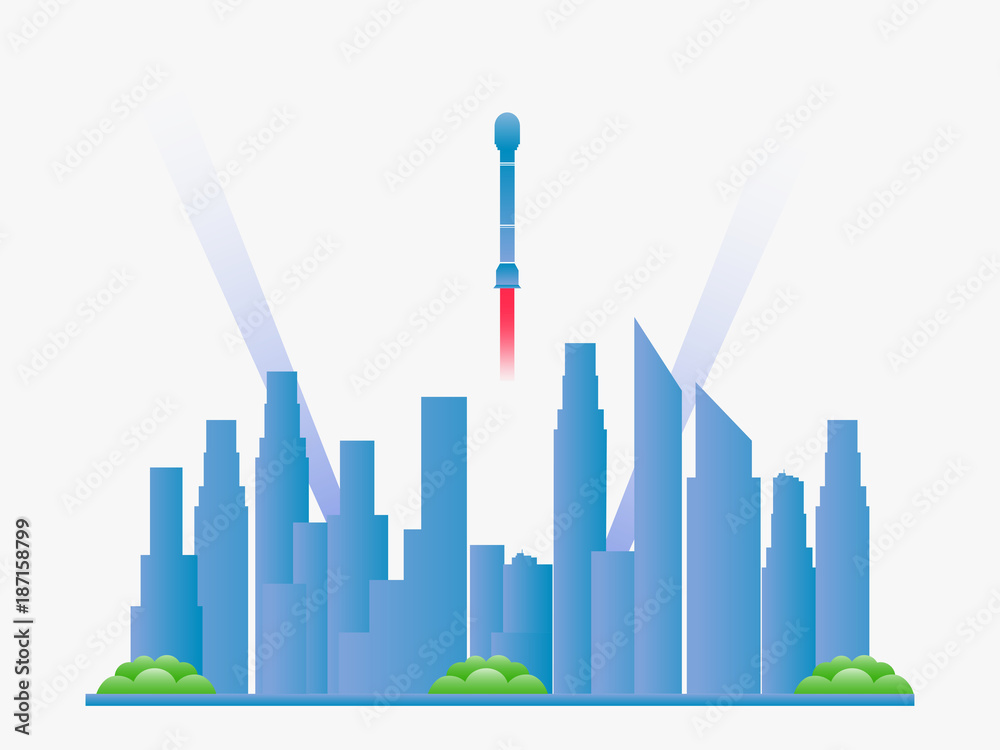 Future city landscape with skyscrapers and spaceships. Vector illustration