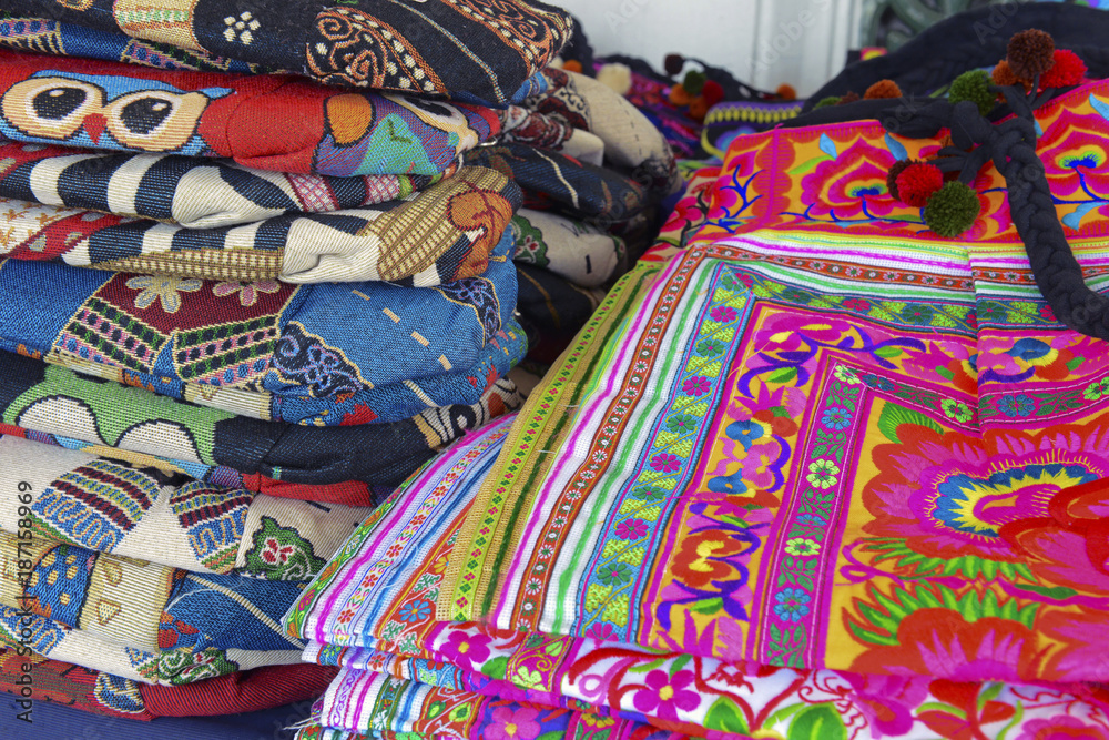 Colorful silk and linen fabric in market in Bangkok Thailand