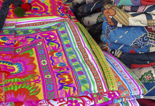Colorful silk and linen fabric in market in Bangkok Thailand