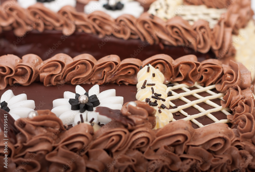 Close up of birthday sponge cake with chocolate cream Close up of birthday sponge cake with chocolate cream