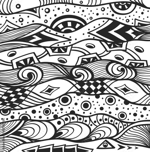 Abstract handmade Ethno Zentangle Zendoodle  background  black on white for coloring page  or adult relax coloring book or for decoration package or for wallpaper and other things