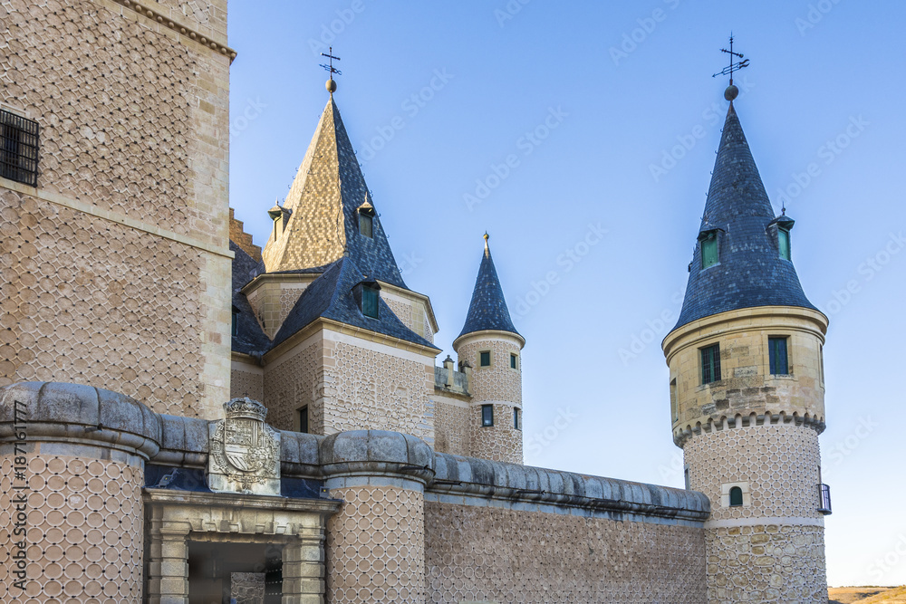 Detail of towers and Entrance to the Alcazar of Segovia Spain