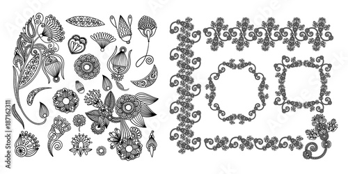 set of black line floral design elements in henna style