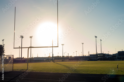 American Football Field Outdoors Goal Posts Green Grass Beautiful Day