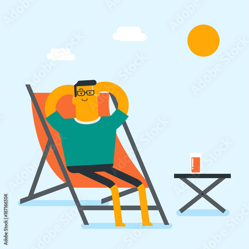 Young happy caucasian white man sitting on the chaise-longue with folded arms behind his head and drinking a cocktail. Tourism and vacation concept. Vector cartoon illustration. Square layout.