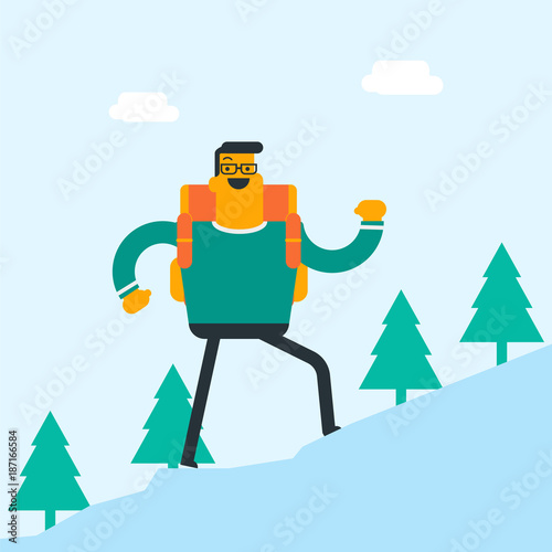 Young caucasian white backpacker with backpack walking outdoor. Cheerful backpacker hiking in the forest during summer trip. Concept of hike and backpacking. Vector cartoon illustration. Square layout