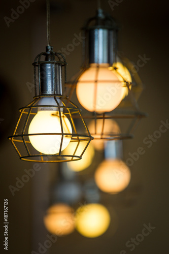 Old light bulbs and bokeh light background close up.
