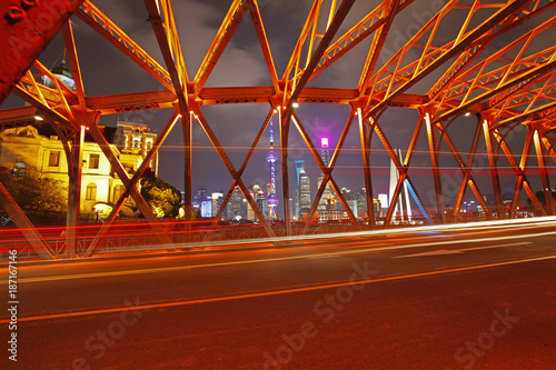 The garden bridge of Shanghai in China, the landmark. Colorful light trails