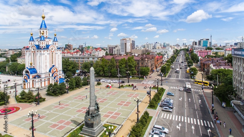 Khabarovsk Komsomolskaya square. the view from the top. filmed with a drone. the Russian far East. photo