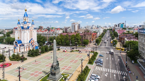 Khabarovsk Komsomolskaya square. the view from the top. filmed with a drone. the Russian far East.