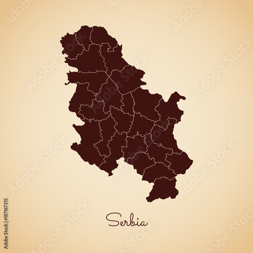 Serbia region map: retro style brown outline on old paper background. Detailed map of Serbia regions. Vector illustration.