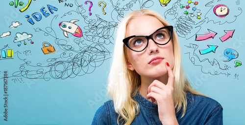 Young woman with many thoughts on a blue background