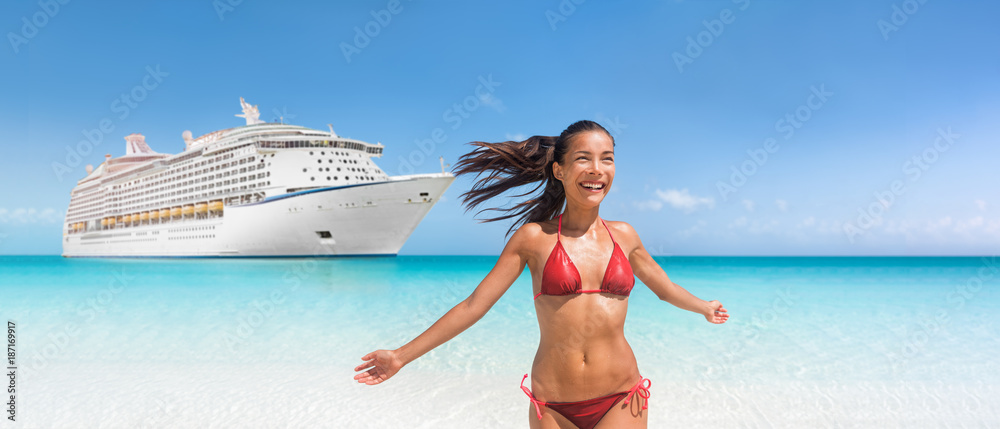 Cruise ship travel Caribbean vacation bikini woman happy on tropical  holidays swimming in blue ocean water. Joyful Asian girl with open arms in  freedom enjoying luxury getaway. Stock Photo | Adobe Stock