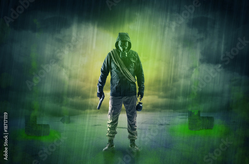 Guard in an abandoned space after explosion