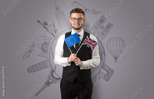 Elegant man with sightseeing concept and flag