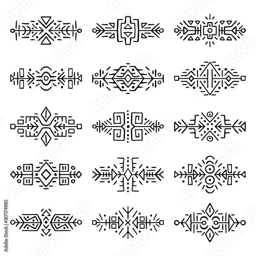 Collection of Hand Drawn Borders in Ethnic Style. Aztec art dividers. Trendy boho separators. Tattoo design.