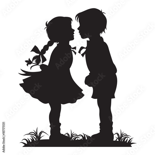 Silhouette of kids kissing, Vector
