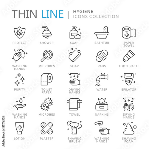 Collection of hygiene thin line icons photo