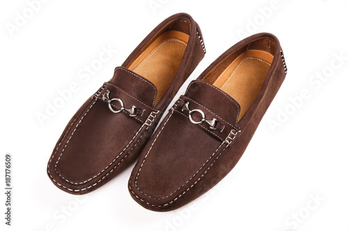 Men's brown suede moccasins, loafers isolated white background.