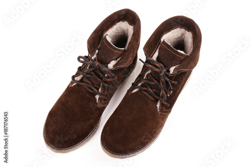 Women's winter boots, brown, suede, shoes isolated white background.