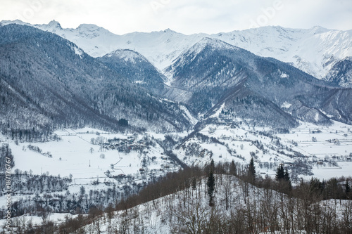 Mountain village in the Caucasus Mountains in winter, Svaneti, Georgia