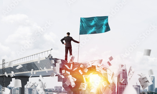Man with flag presenting leadership concept.