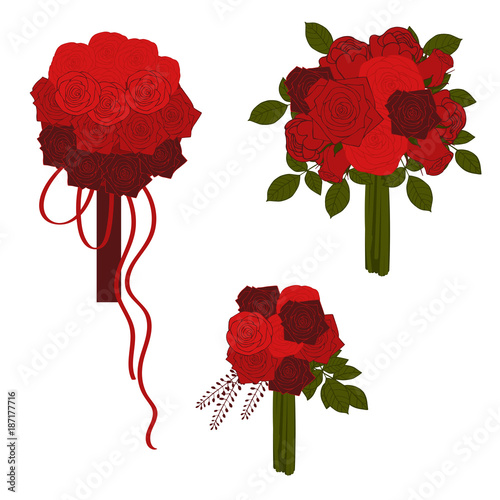 Wedding bouquets in red tones. Vector illustration.