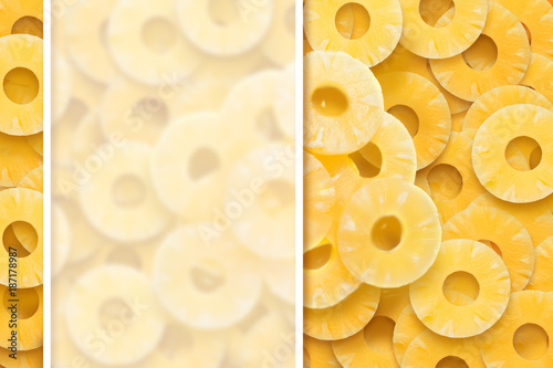 Yellow, fruity background of pineapple rings and white frame. Natural background, fresh fruits. photo