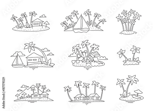 Palm island beach paradise set. Tourism rest ocean illustration set. Sea bungalow holidays. Hand drawn.