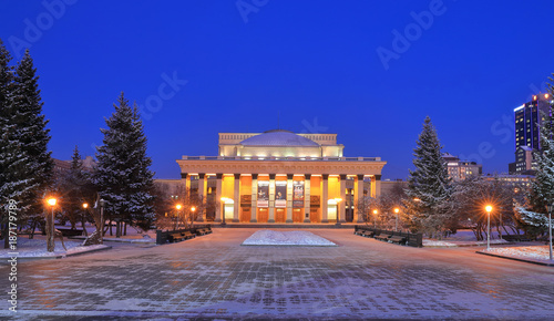 The building of the Novosibirsk Opera theatre in the winter at night illumination