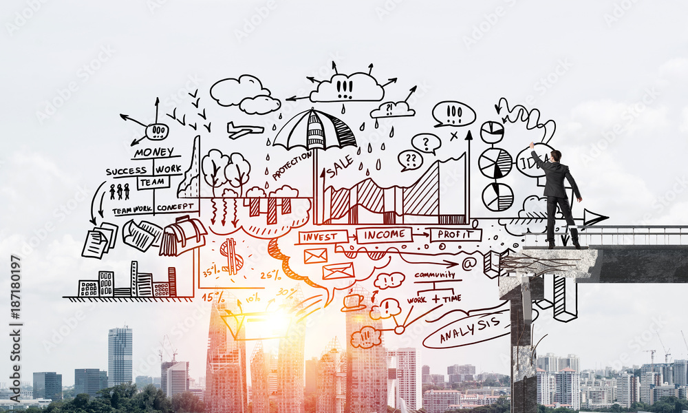 Businessman drawing business conceptual sketches. Businessman drawing business conceptual sketches.