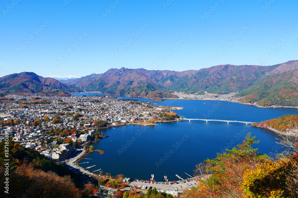 Kawaguchiko lake, Japanese landscape river autumn red tree