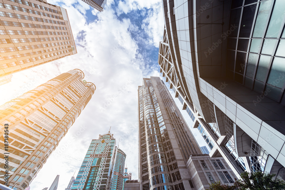 Looking up at business buildings in Lujiazui,Shanghai,China 