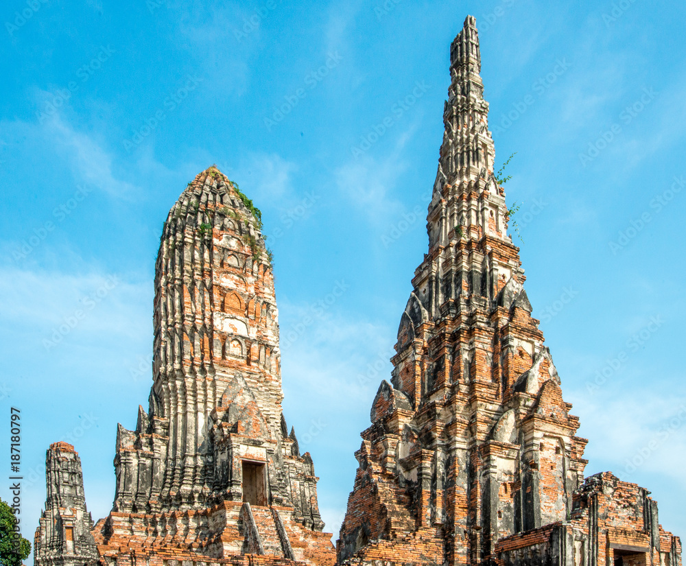 Ancient ruins at Wat Chaiwatthanaram Buddhist temple in Ayutthaya Thailand
