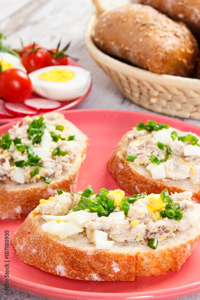 Slice of baguette with fish paste, egg, tomato, radish and fresh rolls