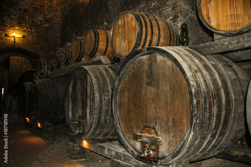Barrels for storing wine in an old cellar