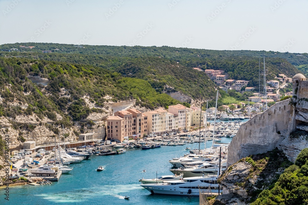 Bonifacio marina and bay on a beautiful day, Corsica, France