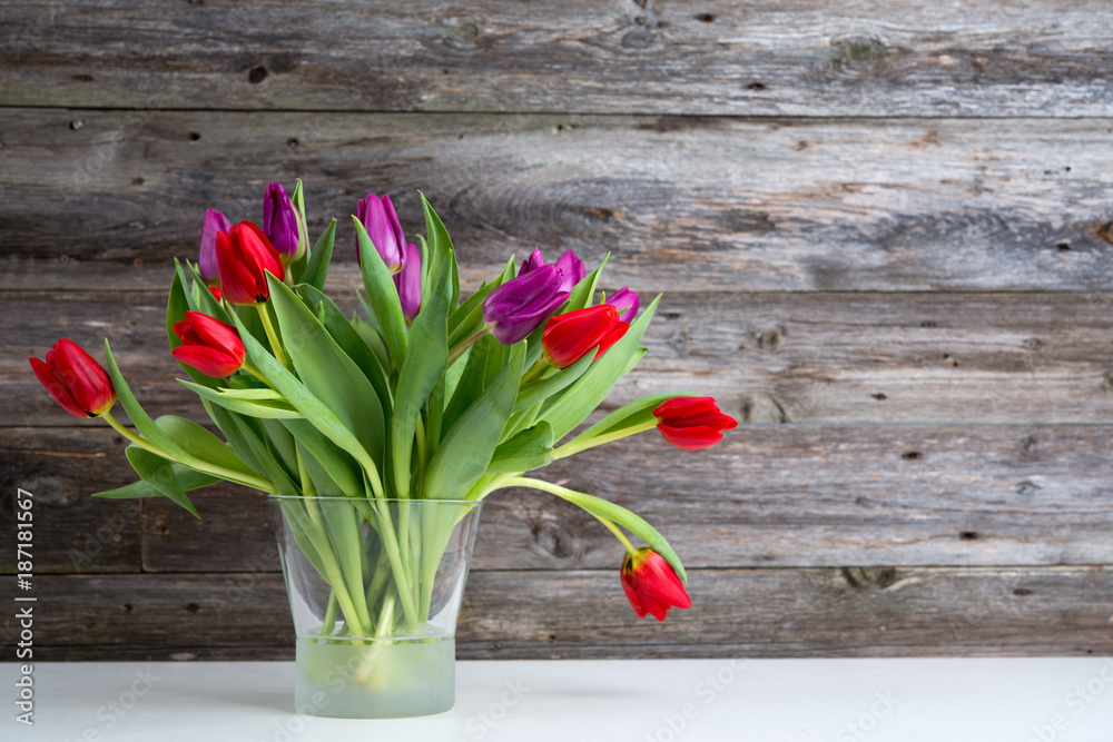 red and violet tulips  in vase in front of wooden background